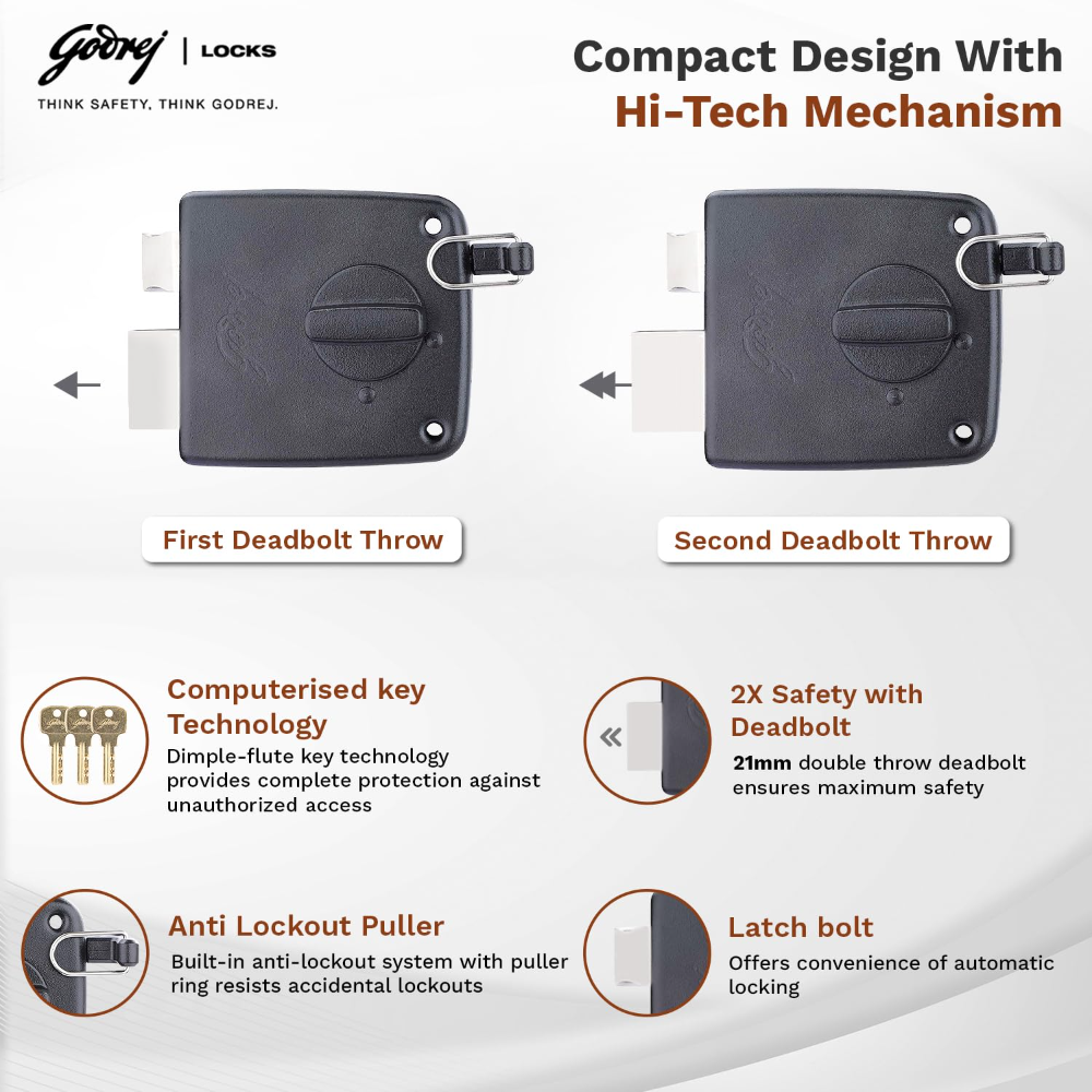 Godrej Rim Lock I Twin Bolt Compact 1Ck Latch Bolt I for Outside Opening Wooden Doors I Left or Right Handed Doors | Home Main Door | 3 Keys I Textured Black Finish |1 Year Warranty